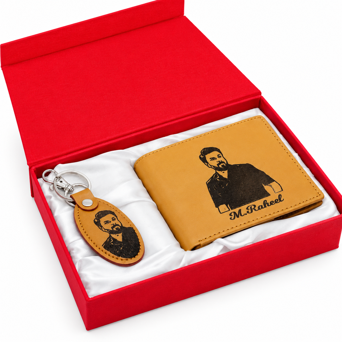 Personalized Leather Wallet & Keychain Gift Set for Men – Custom Photo & Name Engraving
