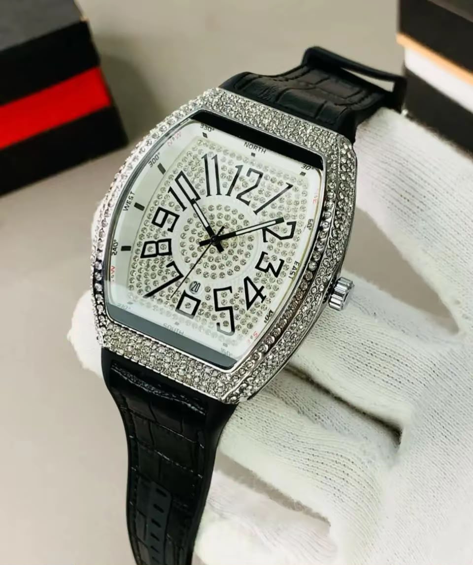 Luxury Silver Crystal Men’s Watch with Black Strap